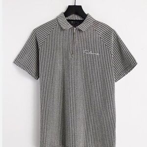 ASOS Black and White Patterned Boxy Style Polo Shirt 3/4 zipper